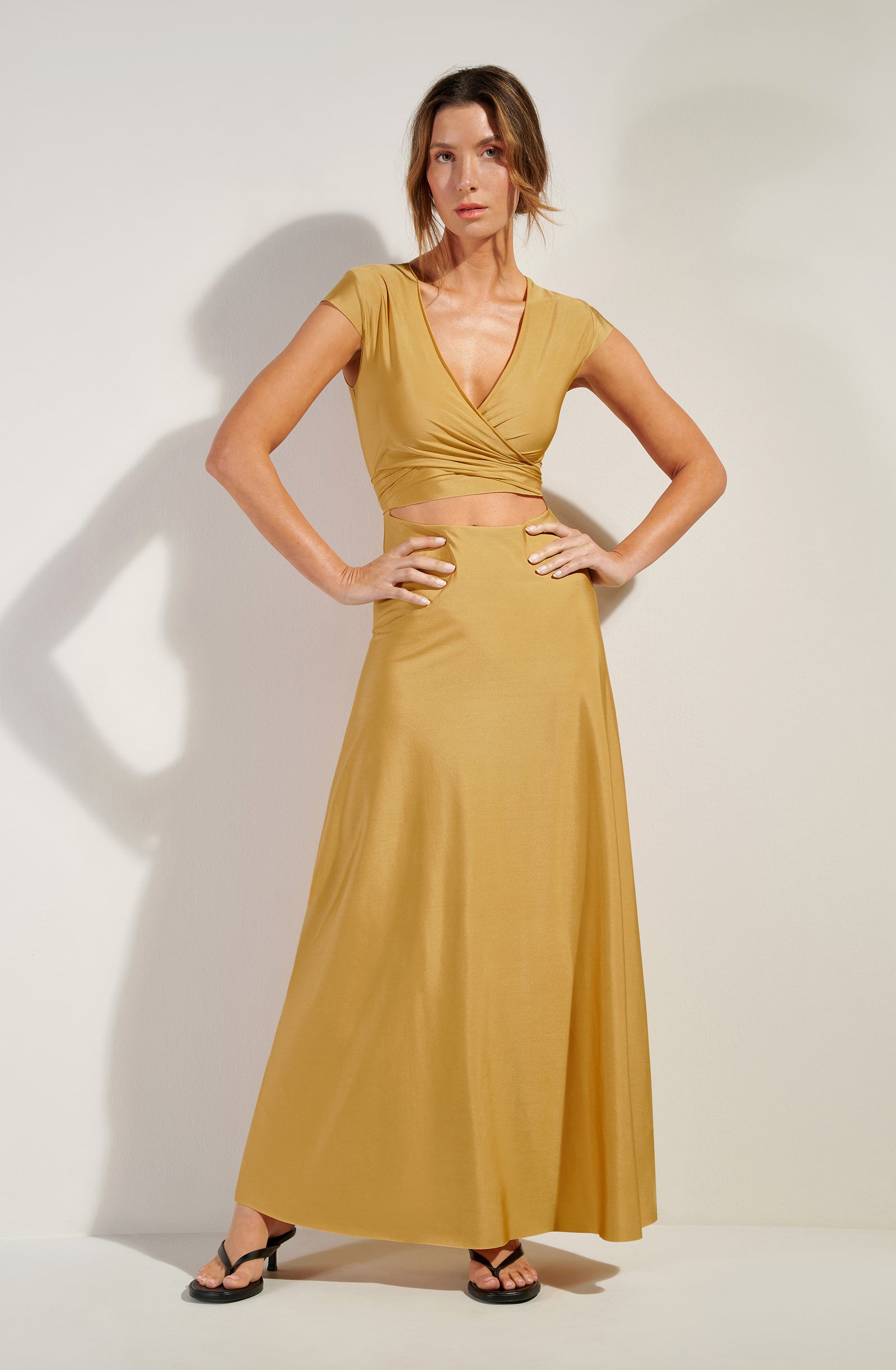 lil gold short sleeve maxi dress