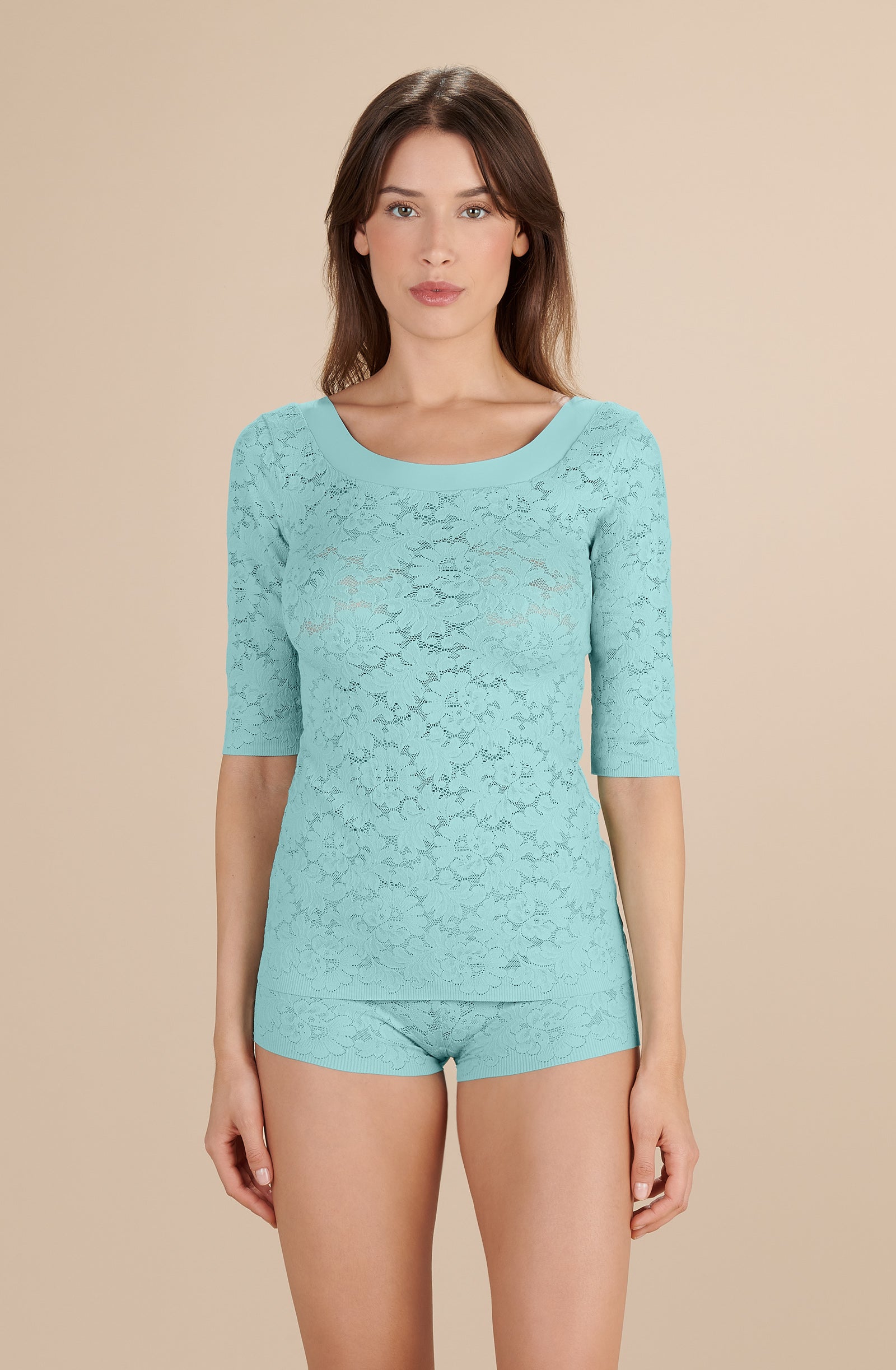 DJOY - Top en dentelle à manches 3/4 aqua