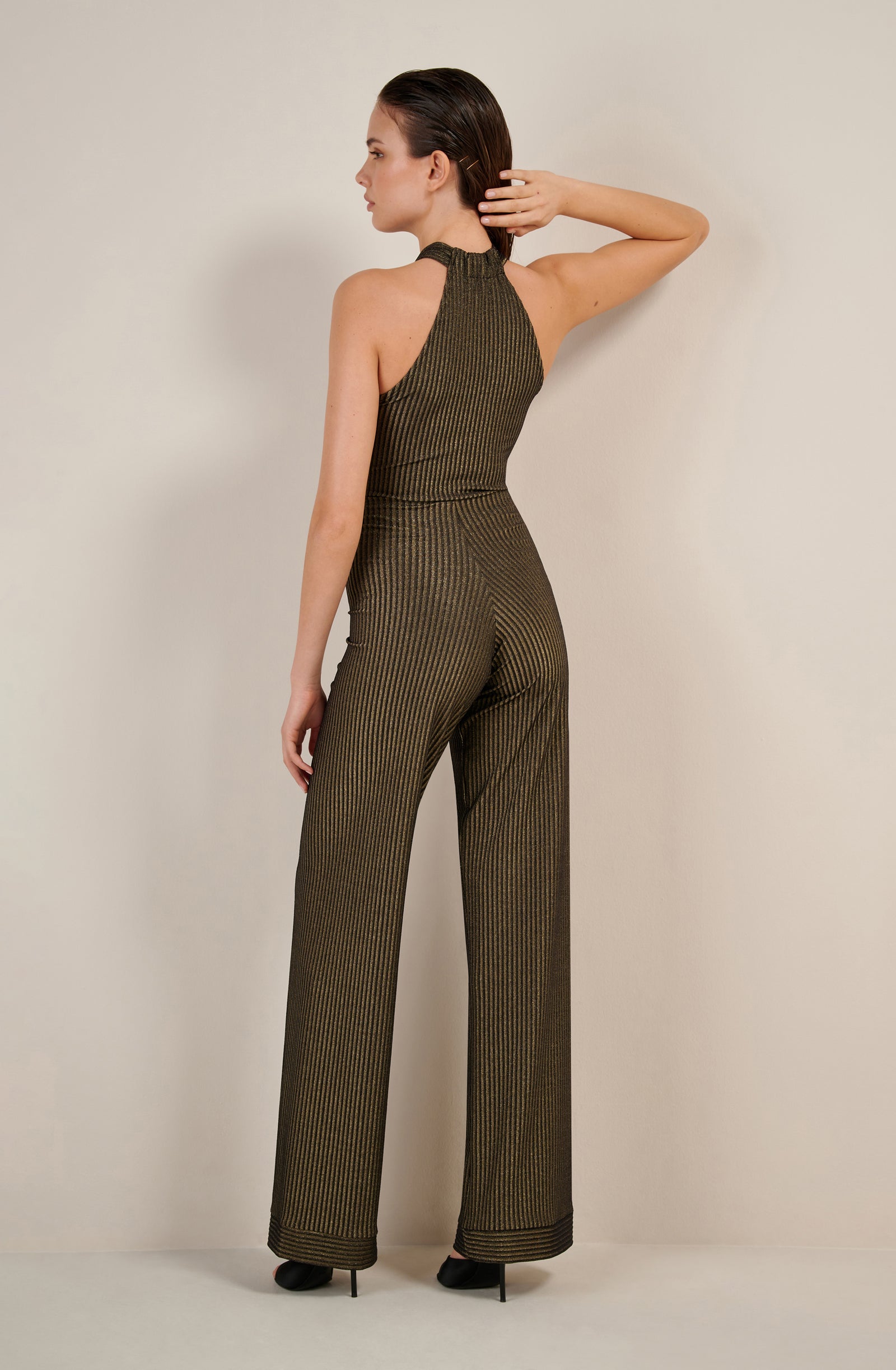 petrus Pantalon droit noir et doré en maille côtelée